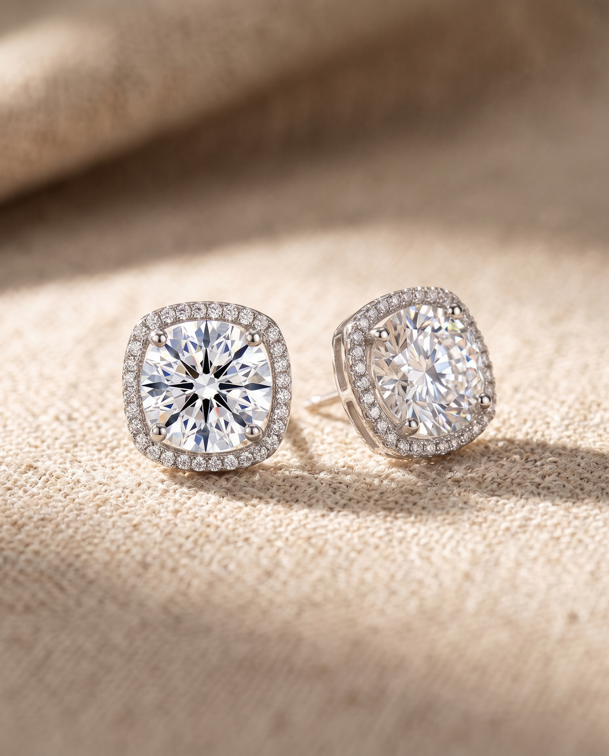 Silver moissanite cushion halo stud earrings on natural linen