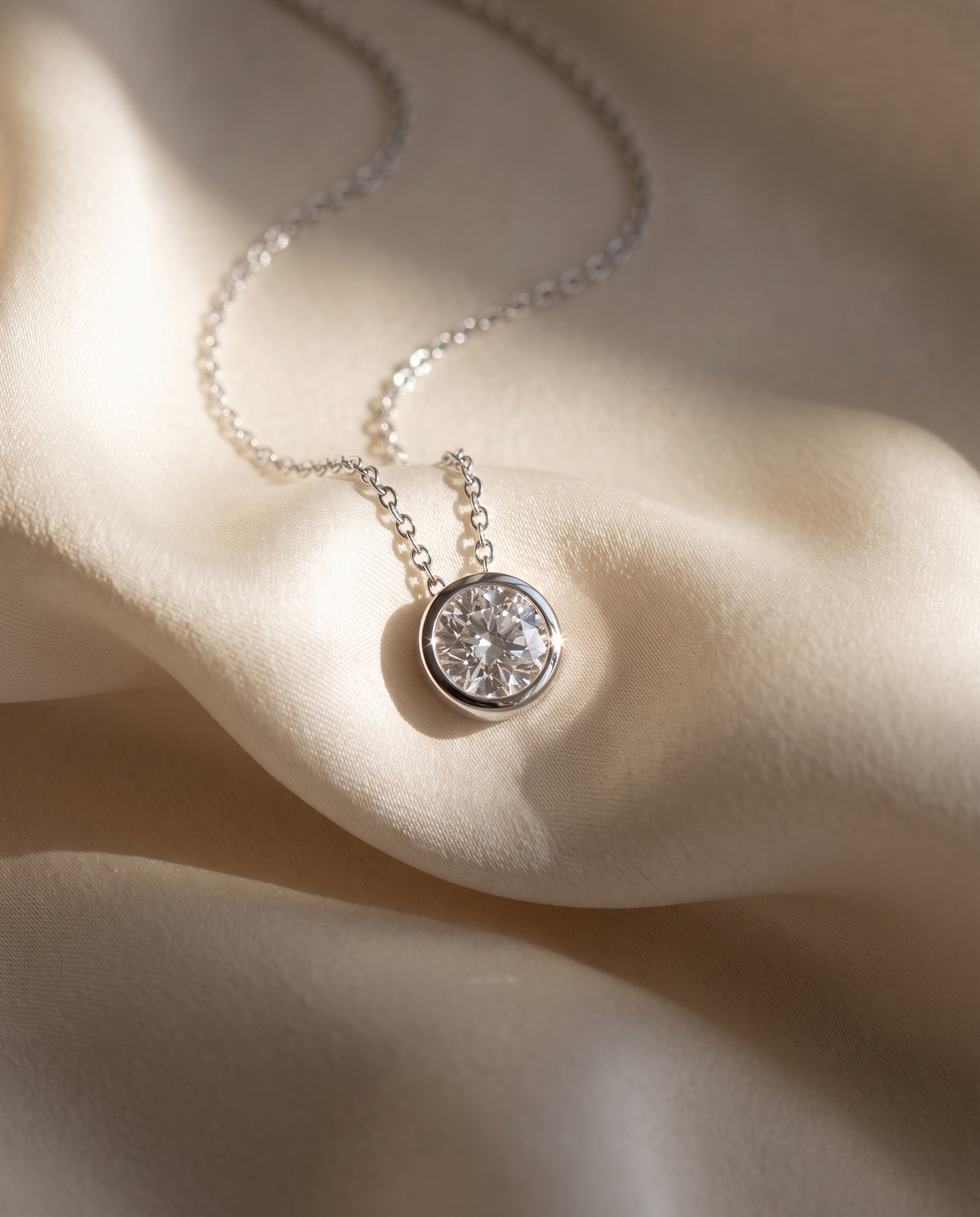Silver moissanite bezel pendant necklace on cream silk