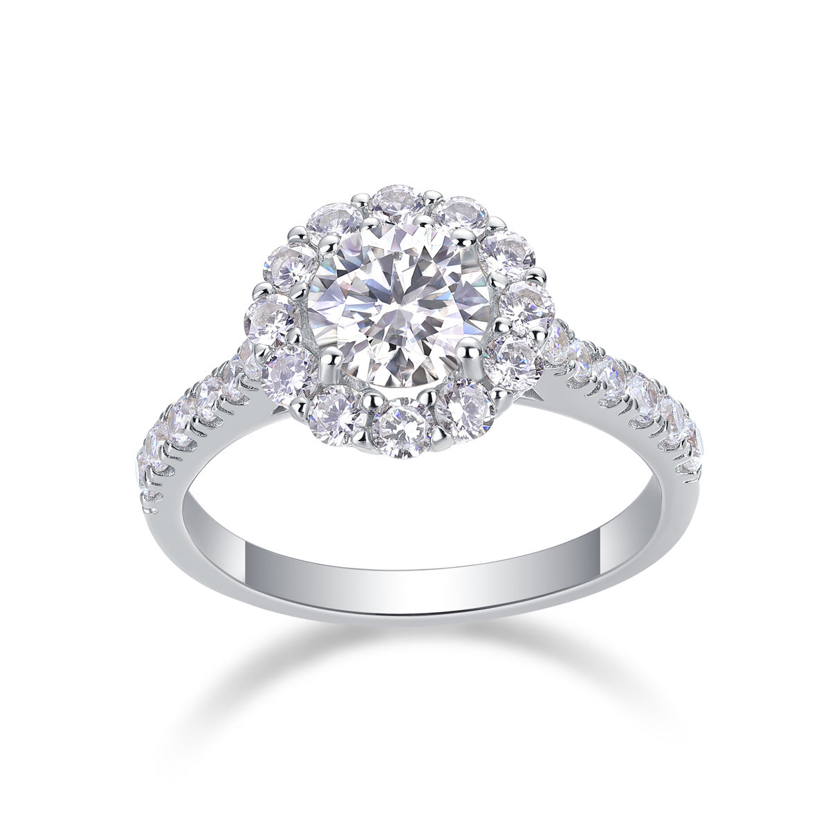 Draycott & Co Elegant Moissanite Halo Ring, studio front shot